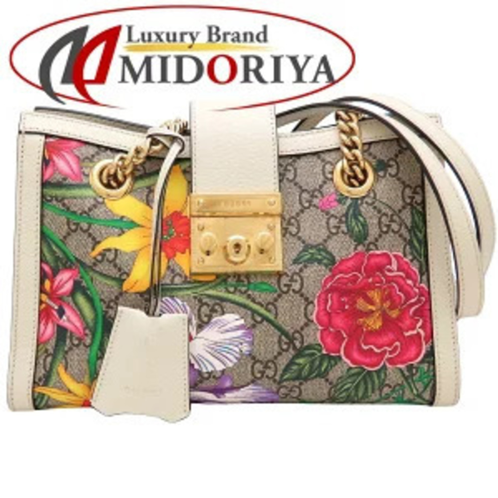 GUCCI Padlock GG Flora Flower Shoulder Bag Supreme Canvas Leather Beige White